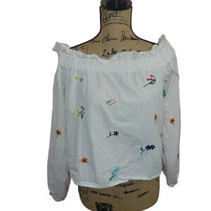 Topshop Off the Shoulder White Cotton Top Embroidery Flowers Size 6 Spring